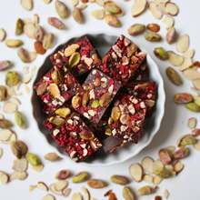 Load image into Gallery viewer, Dark Chocolate RASPBERRY ALMOND PISTACHIO BITES + Plant-Based Protein
