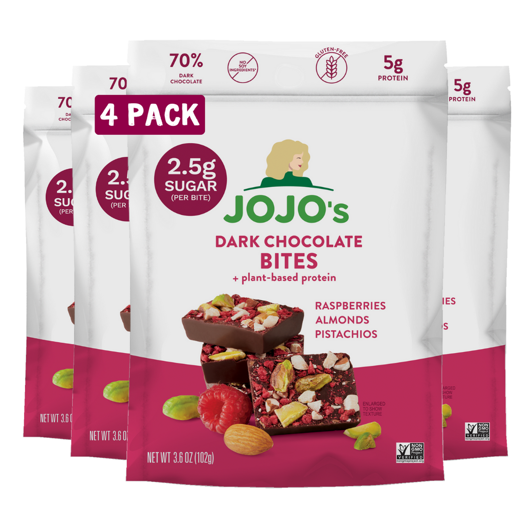 Dark Chocolate RASPBERRY ALMOND PISTACHIO BITES + Plant-Based Protein