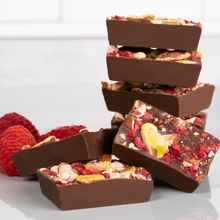 Load image into Gallery viewer, Dark Chocolate RASPBERRY ALMOND PISTACHIO BITES + Plant-Based Protein
